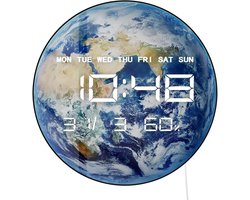 Digitale LED Wandklok Wereldbol Aarde – Blauw Marmer Design vanuit de Ruimte – Elektrische Klok met Display – Woondecoratie voor Slaapkamer, Bureau of Tafel