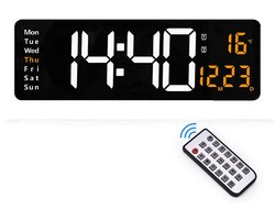 Digitale wandklok van 40,6 cm met afstandsbediening, digitaal display met 10 helderheidsniveaus, countdown grote klok met datum/tijd/temperatuurweergave, 2 alarmen, wandklokken voor thuis en kantoor-Oranje temperatuur