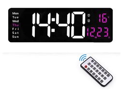 Digitale wandklok van 40,6 cm met afstandsbediening, digitaal display met 10 helderheidsniveaus, countdown grote klok met datum/tijd/temperatuurweergave, 2 alarmen, wandklokken voor thuis en kantoor-Roze temperatuur