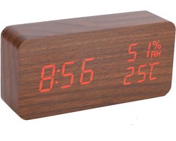 Digitale Wekker - Houten Klok - Nachtkastje Bureau - Stem-activering Temperatuur - 15cm Breed - Rood Licht