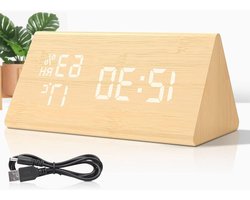 Digitale Wekker - Houten Klok - Tijd Bijhouden - 3 Alarmen Instelbaar - 15 cm Lengte - Bamboe Wit