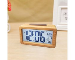 Digitale Wekker Houten Tafelklok - Radiogestuurde Wekker met Thermometer, Kalender en Sluimerfunctie, Waterbestendig - Bambus - Geschikt voor Slaapkamer en Bureau