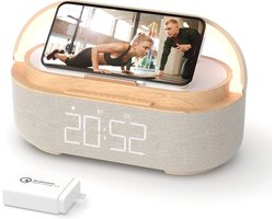 Digitale Wekkerradio met Draadloze Oplader en Bluetooth-luidspreker – Slimme Alarmklok met Inductief Laadstation en Dimbaar LED-Display