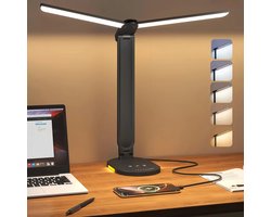 Dimable LED -bureaulamp, dubbele arm bureaubricht met 5 kleuren en 10 helderheidsniveaus, bureaulamp met oplaadfunctie, aanraking