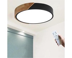 Dimbare houten LED plafondlamp - Rond - Binnenverlichting met afstandsbediening en app - Automatische timer 24 W - Woonkamer slaapkamer keuken badkamer - Zwart
