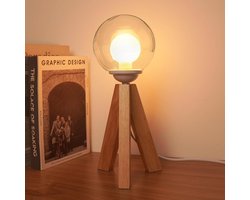 Dimbare Houten Tafellamp met Glazen Kap - Sfeervolle Nachtkast- en Bureaulamp met Warm Wit LED Licht