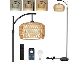 Dimbare Rotan Vloerlamp - Afstandsbediening - Boho Stijl - Moderne Verlichting - Slaapkamer en Kantoor - Zwarte Booglamp