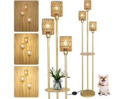 Dimbare Vloerlamp Rotan - Moderne Staande Lamp - 3-lichts - Goud