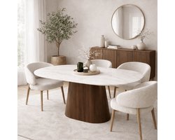 Dimehouse Deens ovale eettafel Lea sintered stone wit marmerlook walnoot 180x90 cm - Marmer - Japandi - Deens ovaal