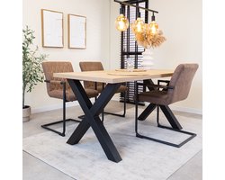 Dimehouse Eettafel Lenzo Rustiek Eiken - Zwarte X-poot 180 x 80 x 3,8 cm - Hout - Industrieel - Rechthoek
