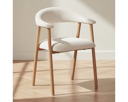 Dimehouse Japandi Eetkamerstoel Beige Bouclé Suki - Eikenlook Frame - Met Armleuning - Stof - Japandi