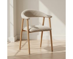 Dimehouse Japandi Eetkamerstoel Zandkleur Bouclé Suki - Eikenlook Frame - Met Armleuning - Stof - Japandi