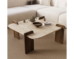 Dimehouse Japandi salontafel travertin met walnoot - melamine -90 x 90 cm - Alfro - 90 x 90 x 40 cm - Hout - Japandi - Vierkant
