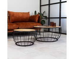 Dimehouse Ronde Industriële Salontafel Set van 2 Massief Mangohout Mace Ø77/Ø52 - 77 x 77 x 37 cm - Hout - Industrieel - Rond