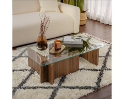 Dimehouse Salontafel Naturel Walnoot Glas Opal 105x65x30 cm - 30x105x65 cm - Glas - Modern - Rechthoek