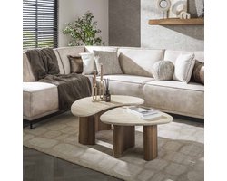 Dimehouse Set van 2 organische salontafels Jimi travertin blad met walnoot onderstel - Japandi - 88 x 44 x 36 cm - Keramiek - Industrieel - Rond