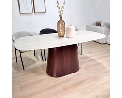 Dimehouse Sintered Stone Marmerlook Travertine Eettafel Lea 180x90 cm - Walnoot Frame - Deens Ovaal - Marmer - Japandi - Deens ovaal