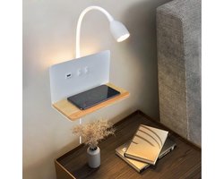 Dimmable LED Wall Light, Wall Lights with USB Drawer Station and Wireless Charger, Bedroom Bed Reading Lamp, Reading Light with 3000K Backlight Effect, Flexible Gooseneck Reading
