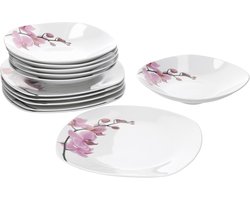 Diner servies 12-delig Kyoto Orchid licht hoekig porselein voor 6 personen wit met decoratie