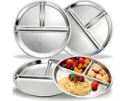 Dinerborden - 4 Stuks - Borden - Hapjesbord - Serveerschalen - Gourmetbord - Gedeelde Platte Borden - Verdeeld bord - Dinerbord - Tapasbord met 3 vakken - Portiecontrole - ortiecontrole bord voor volwassenen - 20CM