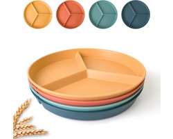 Dinerborden - Serviessets - Set van 4 Gedeelde Platte Borden - Portiecontrolebord - 9.6 inch - Verdeelde borden 3 compartimenten - Magnetron bestendig - Vaatwasserbestendig - Volwassenen - Afvallen - DYB - 4-delig set - Rood-Geel-Blauw-Groen