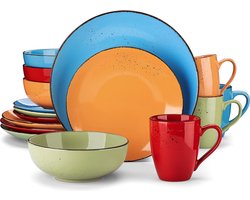 dinerset, aardewerk met vintage uitstraling, meerkleurig serviesgoed, 16-delig servies voor 4 personen, inclusief dinerbord, dessertbord, ontbijtgranenkom en mok
