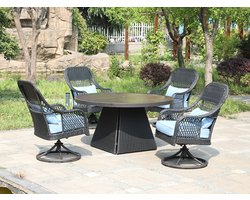 Diningset rond - 5 delig - Zwart wicker met blauwe kussens - Draaibare stoelen