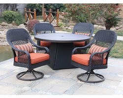Diningset rond - 5 delig - Zwart wicker met oranje kussens - Draaibare stoelen