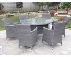 Diningset rond - 7 delig - Eettafel met 6 stoelen - Grijs wicker met grijze kussens