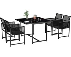 Diningset - Tuinset met metalen frame, tuinmeubelset (5-delig, 4 fauteuils, 1 eettafel), tuinmeubelset met touw, opvouwbare zitset, tuinloungeset, polyrotan tuinmeubelset voor 5 personen, ruimtebesparend dankzij het kubussysteem
