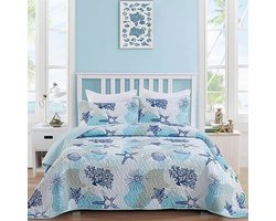Dinjoy Coastal dekbedovertrekset, 2-persoons, blauw oceaan-strandthema beddengoedset, koraal, zeestermotief, microvezel, lichtgewicht zomersprei dekbedovertrekset, het hele seizoen (168 x 213 cm)