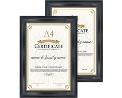 Diploma Documentenlijst A4 met Zwarte Afwerking en Gouden Parelsrand voor Muur en Tafel - Set van 2 Stuks voor Certificaten en Foto's