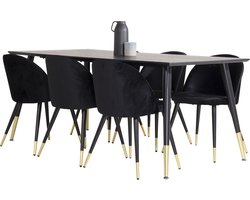 Dipp180x90BLBR eethoek eetkamertafel zwart en 6 Velvet eetkamerstal velours zwart, messing decor.