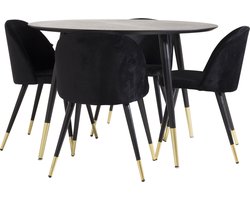 DippØ115BLBR eethoek eetkamertafel zwart en 4 Velvet eetkamerstal velours zwart, messing decor.