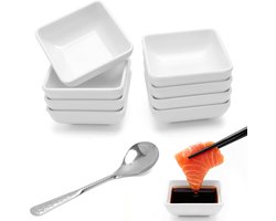 Dipschaaltjes, 7,5 x 7,5 x 3 cm, stapelbare vierkante witte mini-sauskommen met roestvrijstalen lepel voor dips, sojasaus, specerijen, vaatwasmachinebestendig, herbruikbaar, ideaal voor
