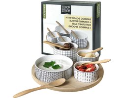 Dipschaaltjes set - Snackschalen sauskommen - Tapas serveren - Keramiek met bamboe - 4 schaaltjes - Wit
