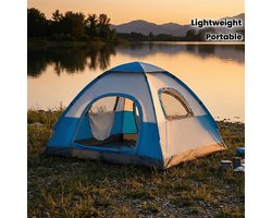 Direct opzetbare pop-uptent voor 2-3 personen, 2 deuren, 2 ramen, blauw beige, 200x150x110cm, lichtgewicht draagbare outdooruitrusting voor backpacken, strand, familie-avonturen