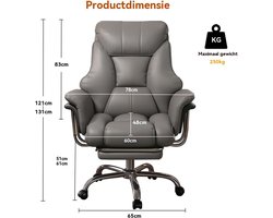 Directiestoel / Kantoorstoel – Casa Velluto Executive Titan Grijs – Extra Brede Hoogbelastbare Managerstoel tot 272 kg met Uitklapbare Voetensteun, Ergonomisch, Hoogteverstelbaar, Luxe Lederen Zitting, 360° Draaibaar
