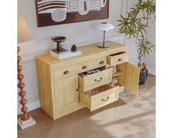 Diretje in vintage landelijke stijl met 5 laden en 2 deuren voor voldoende opbergruimte in de keuken of eetkamer, massief houten afwerking in naturel