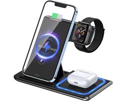 DISEV® 3 in 1 Draadloze Oplader (15W snellader) - Opvouwbaar - Geschikt voor iPhone & Android Smartphones - Geschikt voor Apple iWatch Airpods Galaxy Buds - Draadloos Qi Station - GSM Lader - Samsung - Android