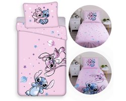 DISNEY Stitch Roze DUBBELZIJDIG, katoenen kinderbeddengoed met ritssluiting, 100% KATOEN 140x200+70x90cm OEKO-TEX