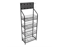 Display Rek Verrijdbaar – 4 Niveaus – Met 10 Haken en Draadmanden – Snack en Candy Organizer – Metaal – Zwart