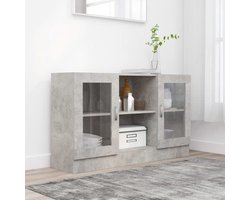Displaykast – Vitrinekast – Opbergkast – Boekenkast – Servieskast – Grijs Beton Hout – 3.2+ Kubieke Voet Inhoud – Glasdeuren & Open Planken