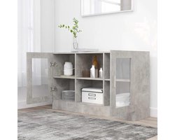 Displaykast – Vitrinekast – Opbergkast – Boekenkast – Servieskast – Grijs Beton Hout – 3.2+ Kubieke Voet Inhoud – Glasdeuren & Open Planken