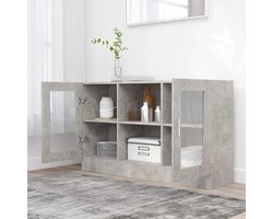 Displaykast – Vitrinekast – Opbergkast – Boekenkast – Servieskast – Grijs Beton Hout – 3.2+ Kubieke Voet Inhoud – Glasdeuren & Open Planken