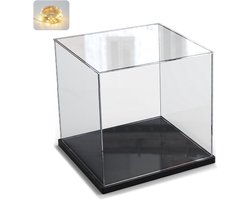 Displaykast voor Lego Verzameling, Dikke Transparante Cube met Hout-Plastic Basis en Verlichting, Zwart Interieur 20x20x20cm - Perfect voor Verzamelobjecten en Speelgoedopslag