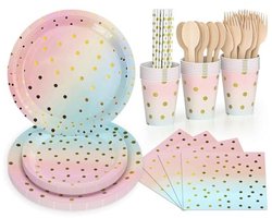 Disposable Verjaardagsservies voor Meisjes - Set van 168 Stuks met Borden, Bekers, Rietjes, Bestek en Servetten voor 24 Gasten