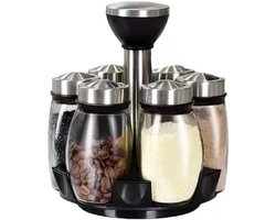 Dit draaibare kruidenrek voor in de keuken heeft een 360 graden draaibare beugel, zes glazen potjes en blanco etiketten. Het is een ruimtebesparende opbergoplossing die geschikt is voor gebruik in de keuken én op de eettafel.
