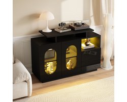 Dit elegante zwarte LED dressoir is voorzien van ovale glazen deuren en een hoogglanzend paneel, waarmee modern design perfect gecombineerd wordt met praktische opbergruimte. Het kan gebruikt worden als vitrinekast, dressoir of minibar.