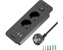 Dit inbouwstopcontact met twee aansluitingen is voorzien van een ingebouwde USB-C-stroomstrip en een schakelaar, waardoor het geschikt is voor diverse omgevingen zoals vergadertafels, werkbanken en salontafels.